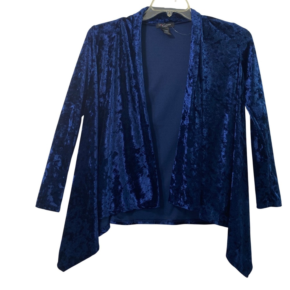 Love Cameron Cardigan Womens Small Blue Crushed Velvet Open Front Sharkbite Hem